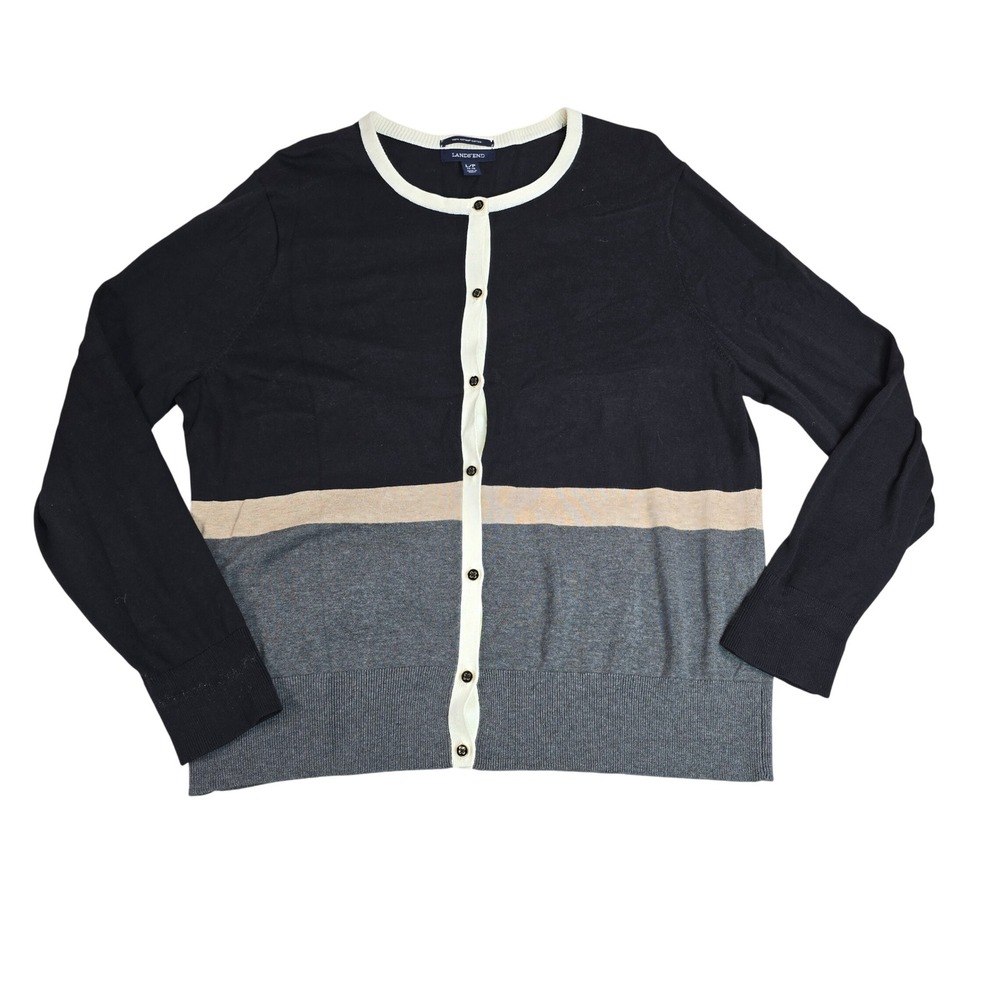 Lands End Supima Cotton Colorblock Cardigan Sweater Black Grey Tan Petite Large